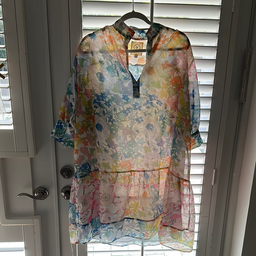Anthropologie Blue and Yellow Sundress with Mandarin Collar